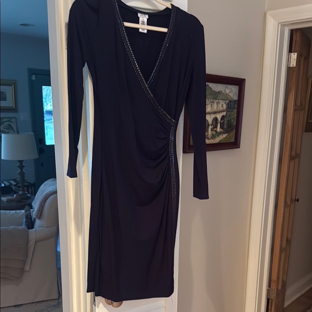 Cache Navy Long Sleeve Dress with Embellished Trim